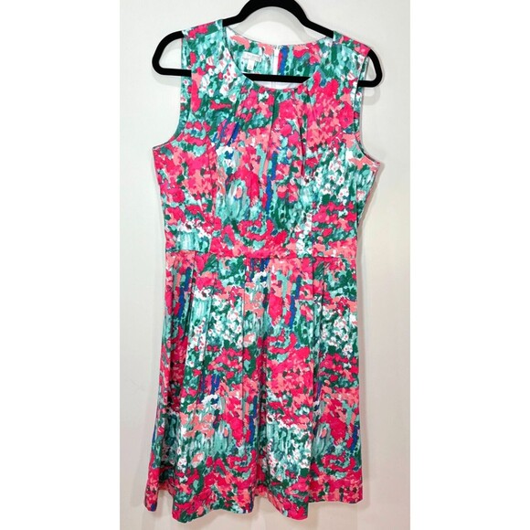 Talbots Watercolor Abstract Dress Size 14 Pink Green Multi A-line Sleeveless - Picture 1 of 10